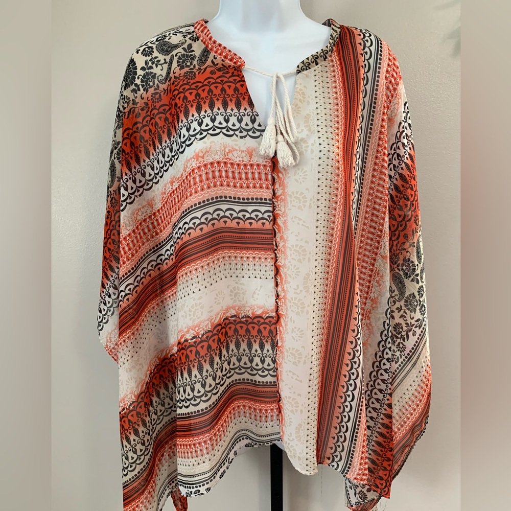 Elegant Women's Boho Poncho with Red Patterns